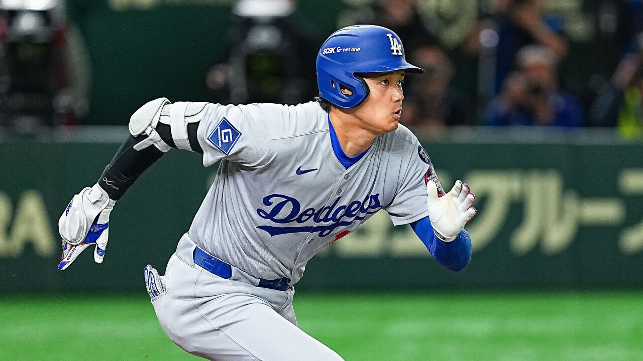 TOKYO, JAPAN - MARCH 18: Shohei Ohtani #17 of the Los Angeles Dodgers hits a double in the top of the ninth inning during the MLB Tokyo Opening Series between Los Angeles Dodgers and Chicago Cubs at Tokyo Dome on March 18, 2025 in Tokyo, Japan.