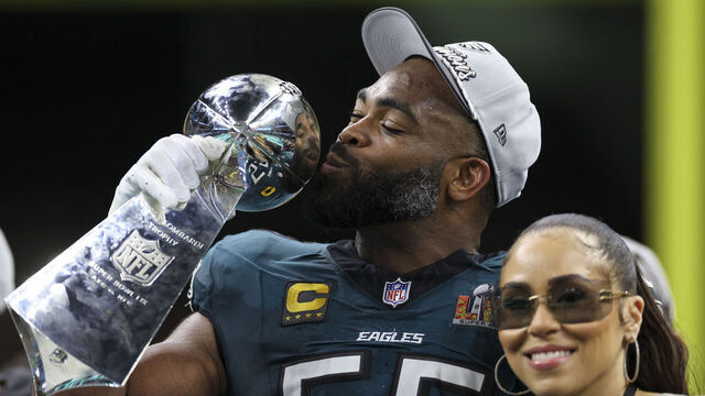 NEW ORLEANS, LOUISIANA - FEBRUARY 09: Brandon Graham #55 of the Philadelphia Eagles kisses the Vince Lombardi Trophy after winning Super Bowl LIX against the Kansas City Chiefs at Caesars Superdome on February 09, 2025, in New Orleans, Louisiana. The Eagles defeated the Chiefs 40-22. (Kara Durrette/Getty Images)