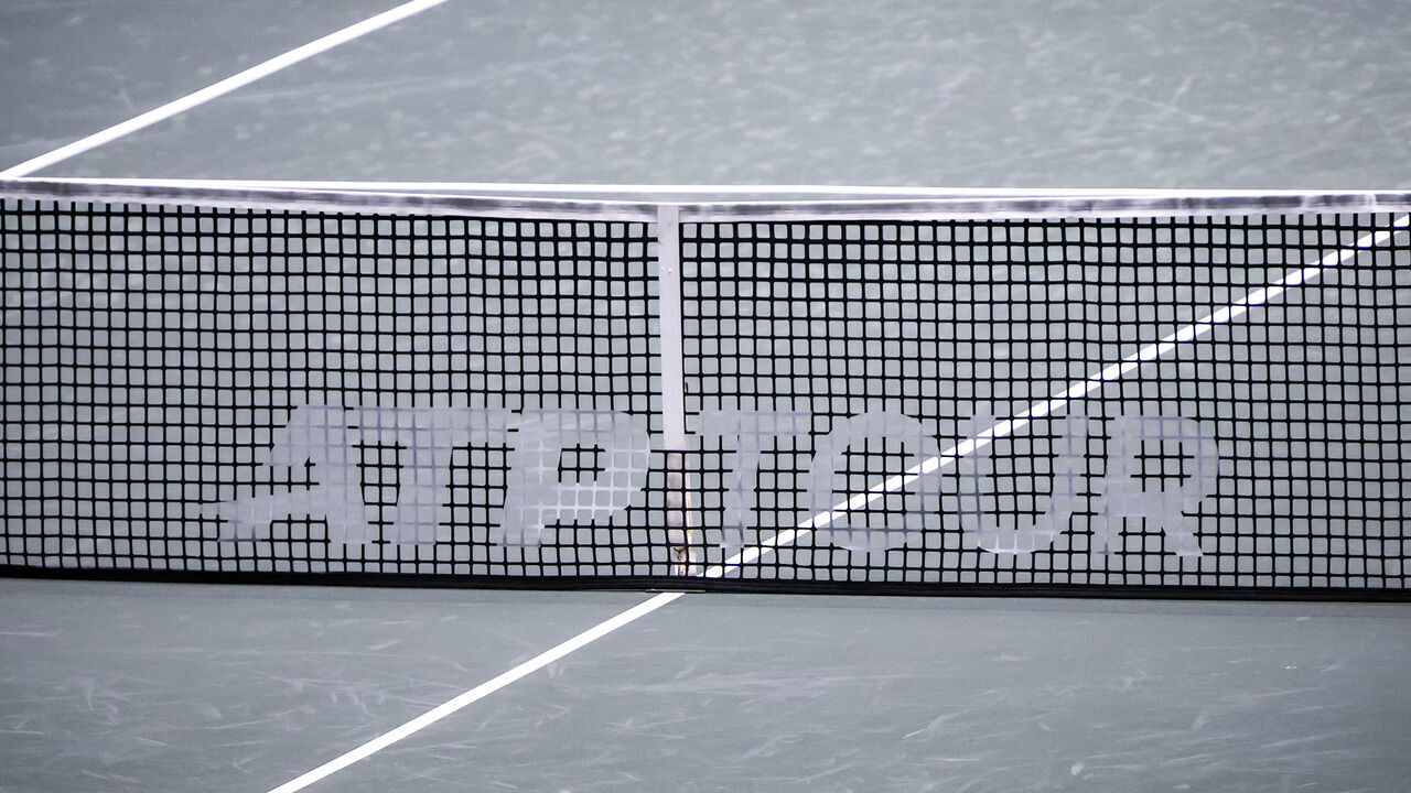 Close up of the net at the tennis court with the ATP TOUR logo inscription during the Carlos Alcaraz of Spain tennis game in Men's Singles match against Botic van de Zandschulp of the Netherlands at the ATP500 tournament, the ABN AMRO Open in the Rotterdam Ahoy Arena Venue in the Netherlands on February 4, 2025