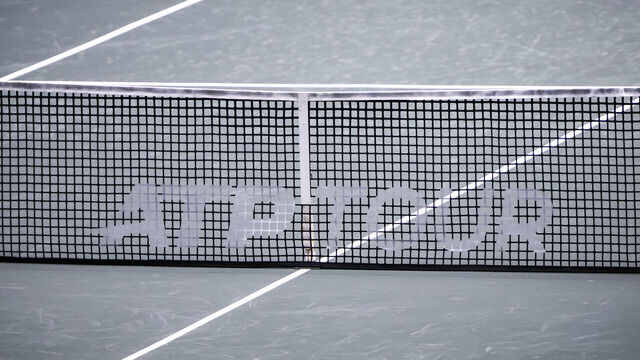 Close up of the net at the tennis court with the ATP TOUR logo inscription during the Carlos Alcaraz of Spain tennis game in Men's Singles match against Botic van de Zandschulp of the Netherlands at the ATP500 tournament, the ABN AMRO Open in the Rotterdam Ahoy Arena Venue in the Netherlands on February 4, 2025
