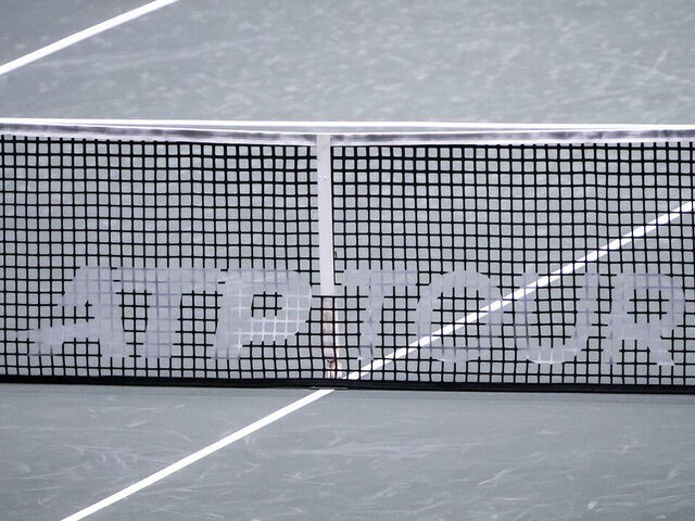 Close up of the net at the tennis court with the ATP TOUR logo inscription during the Carlos Alcaraz of Spain tennis game in Men's Singles match against Botic van de Zandschulp of the Netherlands at the ATP500 tournament, the ABN AMRO Open in the Rotterdam Ahoy Arena Venue in the Netherlands on February 4, 2025