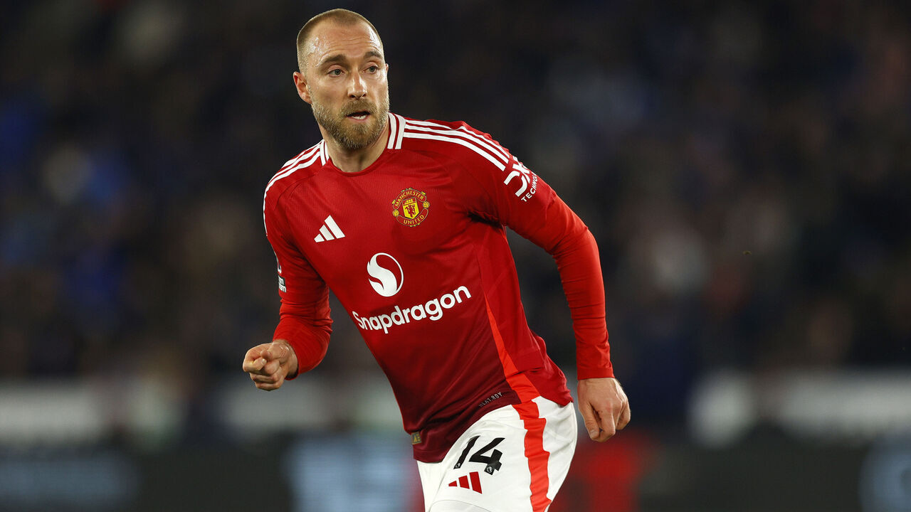 LEICESTER, ENGLAND - MARCH 16: Christian Eriksen of Manchester United looks on during the Premier League match between Leicester City FC and Manchester United FC at The King Power Stadium on March 16, 2025 in Leicester, England.