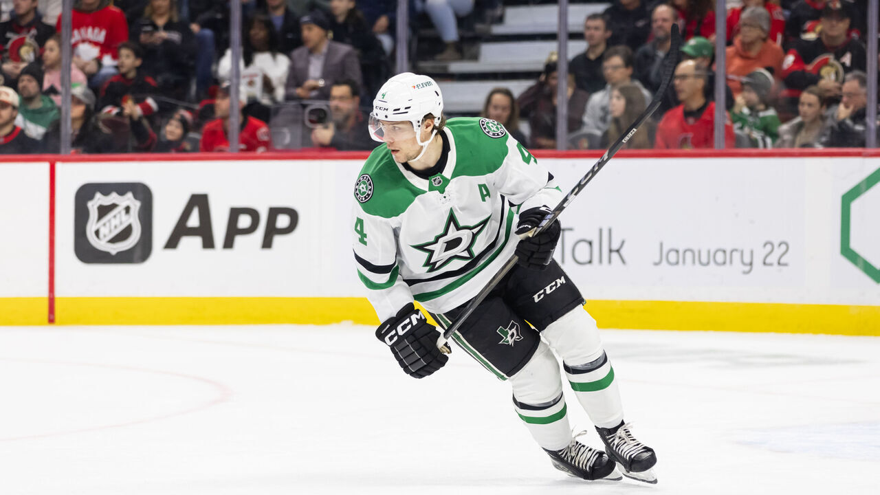 OTTAWA, ON - JANUARY 12: Dallas Stars Defenceman Miro Heiskanen (4) skates during first period National Hockey League action between the Dallas Stars and Ottawa Senators on January 12, 2025, at Canadian Tire Centre in Ottawa, ON, Canada.