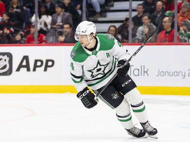 OTTAWA, ON - JANUARY 12: Dallas Stars Defenceman Miro Heiskanen (4) skates during first period National Hockey League action between the Dallas Stars and Ottawa Senators on January 12, 2025, at Canadian Tire Centre in Ottawa, ON, Canada.