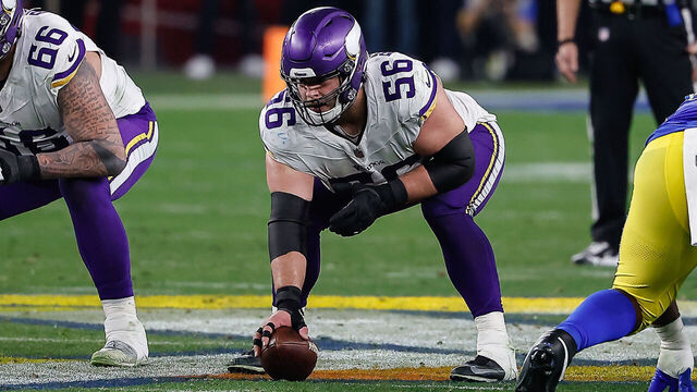 GLENDALE, AZ - JANUARY 13: Minnesota Vikings center Garrett Bradbury (56) lines up during the NFL Wild Card Playoff football game between the Minnesota Vikings and the Los Angeles Rams on January 13, 2025, at State Farm Stadium in Glendale, AZ.