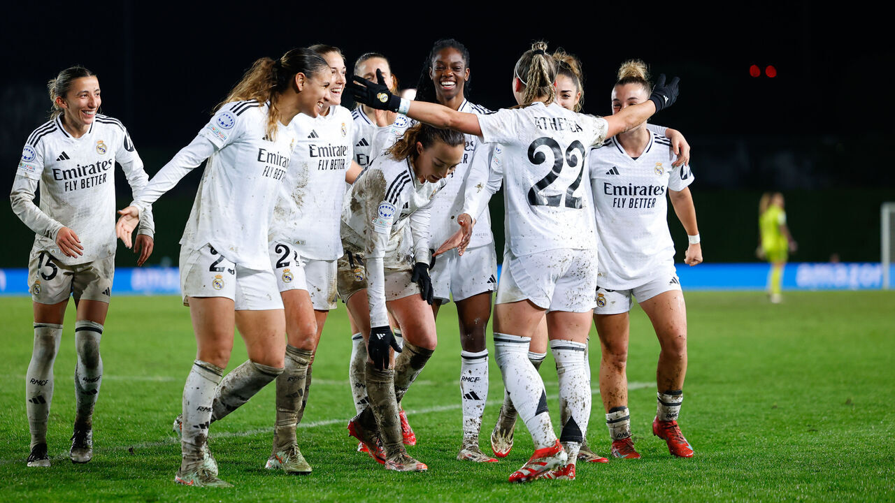 VALDEBEBAS, SPAIN - MARCH 18: Athenea del Castillo of Real Madrid celebrates a goal with teammates during the UEFA Women’s Champions League Quarter Final first leg, football match played between Real Madrid CF and Arsenal FC at Alfredo Di Stefano stadium on March 18, 2025, in Valdebebas, Madrid, Spain.