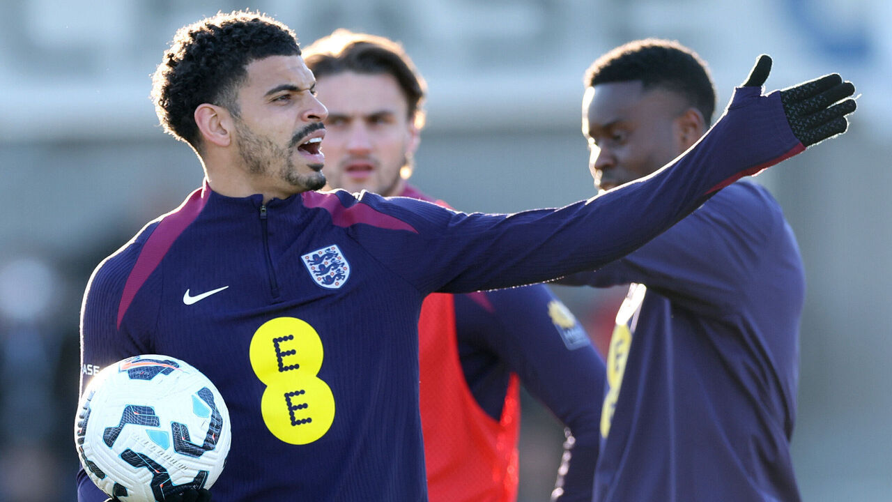 BURTON-UPON-TRENT, ENGLAND - MARCH 18: Morgan Gibbs-White of England reacts during a training session at St Georges Park on March 18, 2025 in Burton-upon-Trent, England.