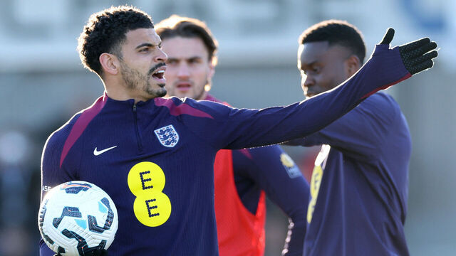 BURTON-UPON-TRENT, ENGLAND - MARCH 18: Morgan Gibbs-White of England reacts during a training session at St Georges Park on March 18, 2025 in Burton-upon-Trent, England.