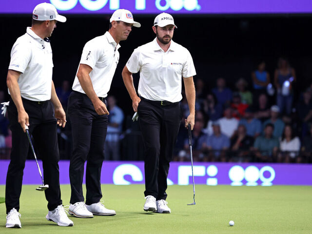 PALM BEACH GARDENS, FLORIDA - MARCH 18: Justin Thomas, Billy Horschel and Patrick Cantlay of Atlanta Drive GC lines up a putt on the first green during their TGL presented by SoFi match against The Bay Golf Club at SoFi Center on March 18, 2025 in Palm Beach Gardens, Florida.