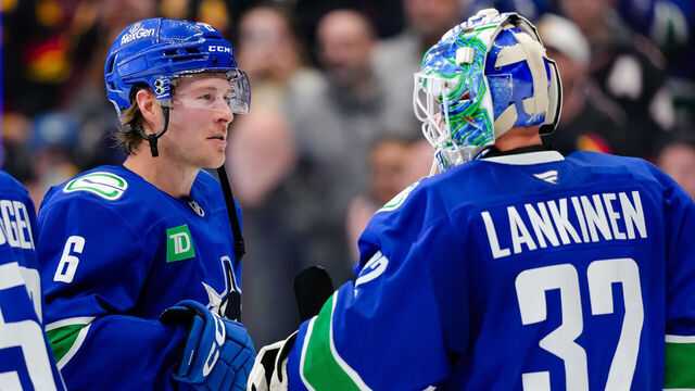 VANCOUVER, CANADA - MARCH 18: Brock Boeser #6 and Kevin Lankinen #32 of the Vancouver Canucks celebrate after defeating the Winnipeg Jets during their NHL game at Rogers Arena on March 18, 2025 in Vancouver, British Columbia, Canada.