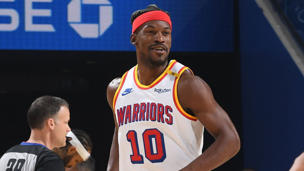 SAN FRANCISCO, CA - MARCH 18: Jimmy Butler #10 of the Golden State Warriors looks on during the game against the Milwaukee Bucks on March 18, 2025 at Chase Center in San Francisco, California. NOTE TO USER: User expressly acknowledges and agrees that, by downloading and or using this photograph, user is consenting to the terms and conditions of Getty Images License Agreement. Mandatory Copyright Notice: Copyright 2025 NBAE