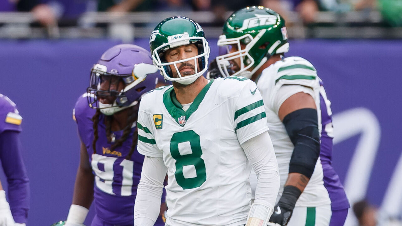 London, United Kingdom - October 6: Aaron Rodgers of New York Jets looks dejected during the NFL match between New York Jets and Minnesota Vikings at Tottenham Hotspur Stadium on October 6, 2024 in London, England.