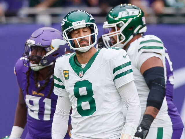 London, United Kingdom - October 6: Aaron Rodgers of New York Jets looks dejected during the NFL match between New York Jets and Minnesota Vikings at Tottenham Hotspur Stadium on October 6, 2024 in London, England.