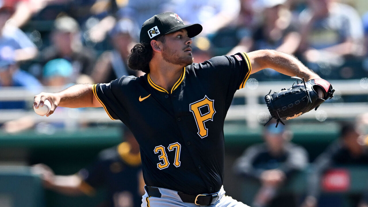 FORT MYERS, FLORIDA - MARCH 13: Jared Jones #37 of the Pittsburgh Pirates throws a pitch during the first inning of a spring training game against the Minnesota Twins at Lee Health Sports Complex on March 13, 2025 in Fort Myers, Florida.