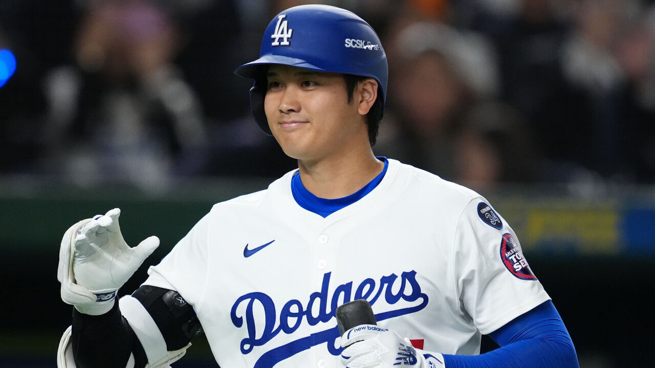 TOKYO, JAPAN - MARCH 19: Shohei Ohtani #17 of the Los Angeles Dodgers prepares at bat in the top of the first inning during the MLB Tokyo Series game between Los Angeles Dodgers and Chicago Cubs at Tokyo Dome on March 19, 2025 in Tokyo, Japan.