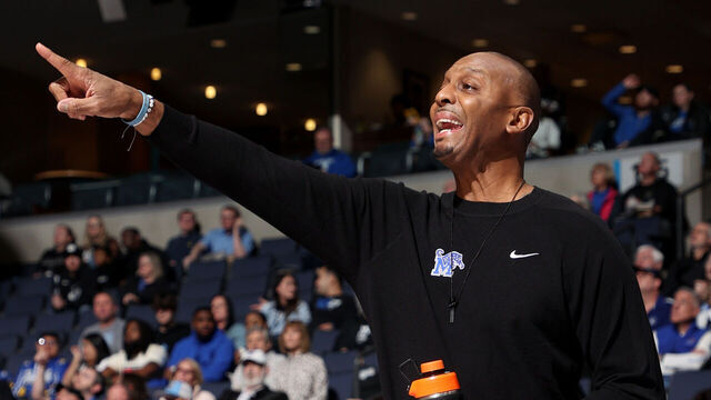 MEMPHIS, TN - FEBRUARY 26: Penny Hardaway, head coach of the Memphis Tigers points from the sideline against the Rice Owls during the first half on February 26, 2025 at FedExForum in Memphis, Tennessee.