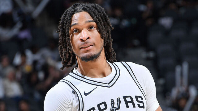 SAN ANTONIO, TX - MARCH 15: Stephon Castle #5 of the San Antonio Spurs looks on during the game against the New Orleans Pelicans on March 15, 2025 at the Frost Bank Center in San Antonio, Texas. Mandatory Copyright Notice: Copyright 2025 NBAE (Photos by Michael Gonzales/NBAE via Getty Images)
