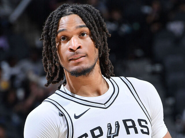 SAN ANTONIO, TX - MARCH 15: Stephon Castle #5 of the San Antonio Spurs looks on during the game against the New Orleans Pelicans on March 15, 2025 at the Frost Bank Center in San Antonio, Texas. Mandatory Copyright Notice: Copyright 2025 NBAE (Photos by Michael Gonzales/NBAE via Getty Images)
