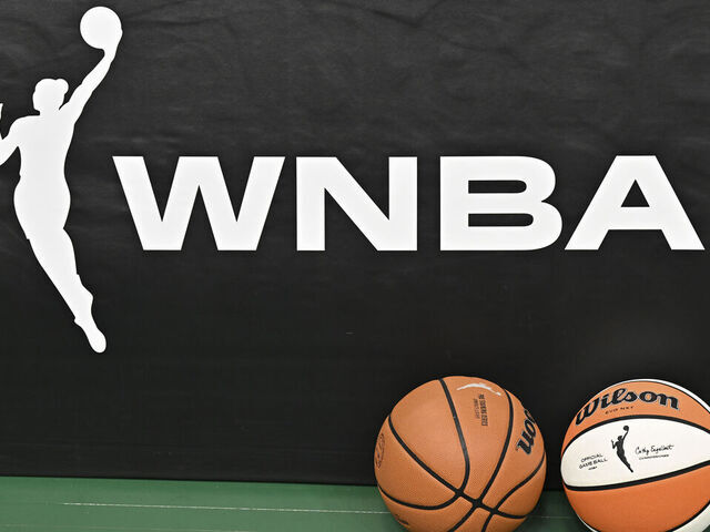 SEATTLE, WASHINGTON - AUGUST 30: A view of the WNBA logo before the game between the Seattle Storm and the New York Liberty at Climate Pledge Arena on August 30, 2024 in Seattle, Washington.