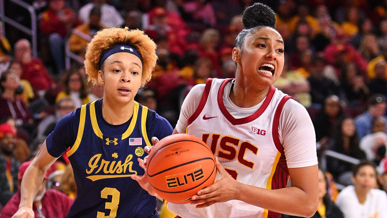 LOS ANGELES, CA - NOVEMBER 23: USC Trojans guard JuJu Watkins (12) drives past Notre Dame Fighting Irish guard Hannah Hidalgo (3) during the women's college basketball game between the Notre Dame Fighting Irish and the USC Trojans on November 23, 2024 at Galen Center in Los Angeles, CA.