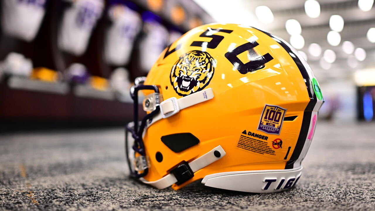 BATON ROUGE, LOUISIANA - OCTOBER 12: A special commemorative 100 years of Tiger Stadium decal is seen on an LSU helmet before the game against the Ole Miss Rebels at Tiger Stadium on October 12, 2024 in Baton Rouge, Louisiana. (Photo by Gus Stark/LSU/University Images via Getty Images}