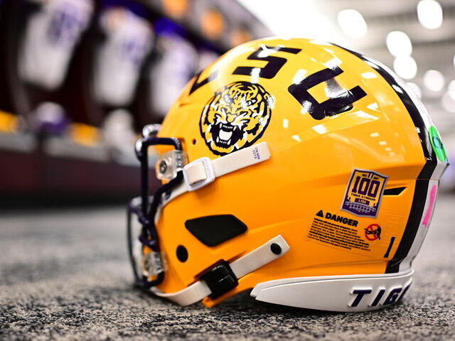 BATON ROUGE, LOUISIANA - OCTOBER 12: A special commemorative 100 years of Tiger Stadium decal is seen on an LSU helmet before the game against the Ole Miss Rebels at Tiger Stadium on October 12, 2024 in Baton Rouge, Louisiana. (Photo by Gus Stark/LSU/University Images via Getty Images}