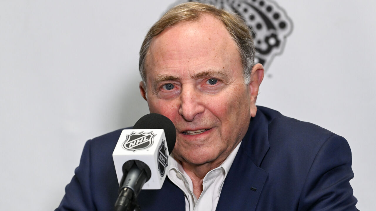 LOS ANGELES, CA - FEBRUARY 22: NHL Commissioner Gary Bettman speaks during a press conference prior to the game between the Utah Hockey Club and the Los Angeles Kings at Crypto.com Arena on February 22, 2025 in Los Angeles, California.