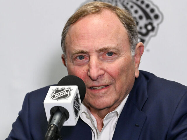 LOS ANGELES, CA - FEBRUARY 22: NHL Commissioner Gary Bettman speaks during a press conference prior to the game between the Utah Hockey Club and the Los Angeles Kings at Crypto.com Arena on February 22, 2025 in Los Angeles, California.