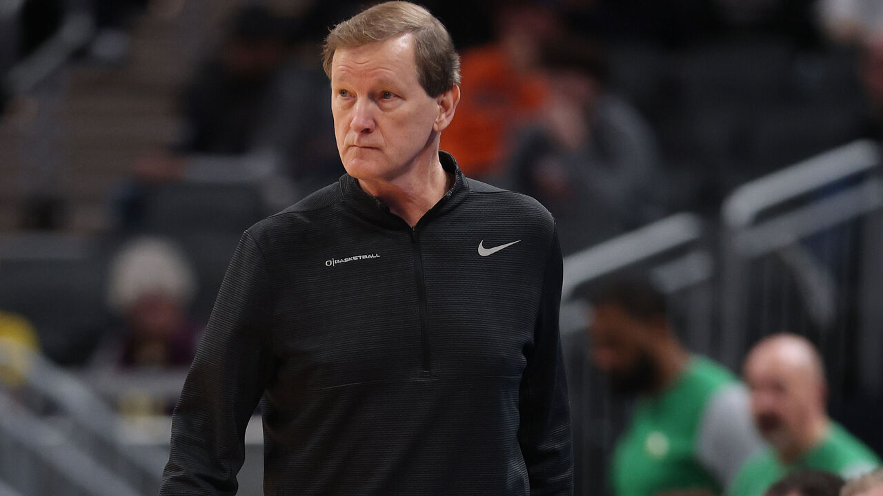 INDIANAPOLIS, INDIANA - MARCH 14: Head coach Dana Altman of the Oregon Ducks reacts against the Michigan State Spartans during the first half in the Big Ten men's basketball tournament quarterfinals at Gainbridge Fieldhouse on March 14, 2025 in Indianapolis, Indiana.