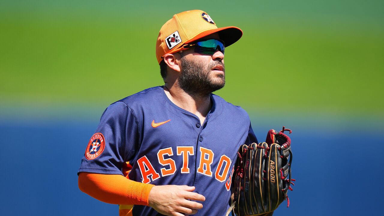 WEST PALM BEACH, FLORIDA - MARCH 02: Jose Altuve #27 of the Houston Astros looks on during a spring training game against the Washington Nationals at CACTI Park of the Palm Beaches on March 02, 2025 in West Palm Beach, Florida.