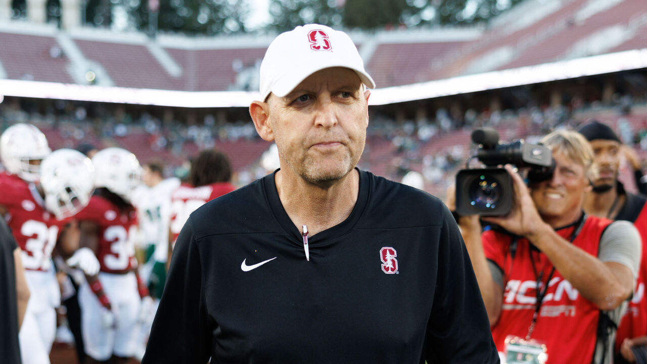 STANFORD, CA - SEPTEMBER 7: Stanford Cardinal head coach Troy Taylor walks off the field during a game between Cal Poly and Stanford Football at Stanford Stadium on September 7, 2024 in Stanford, California.