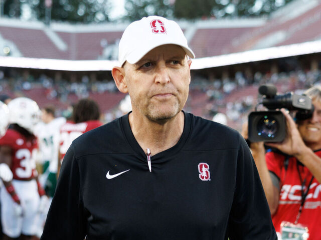 STANFORD, CA - SEPTEMBER 7: Stanford Cardinal head coach Troy Taylor walks off the field during a game between Cal Poly and Stanford Football at Stanford Stadium on September 7, 2024 in Stanford, California.