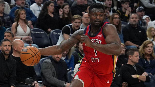 MINNEAPOLIS, MN - MARCH 19: Zion Williamson #1 of the New Orleans Pelicans drives to the basket during the game against the Minnesota Timberwolves on March 19, 2025 at Target Center in Minneapolis, Minnesota. Mandatory Copyright Notice: Copyright 2025 NBAE