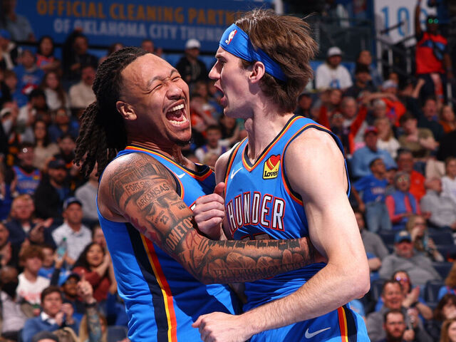OKLAHOMA CITY, OK - MARCH 19: Jaylin Williams #6 and Branden Carlson #15 of the Oklahoma City Thunder celebrates during the game against the Philadelphia 76ers on March 19, 2025 at Paycom Center in Oklahoma City, Oklahoma. Mandatory Copyright Notice: Copyright 2025 NBAE