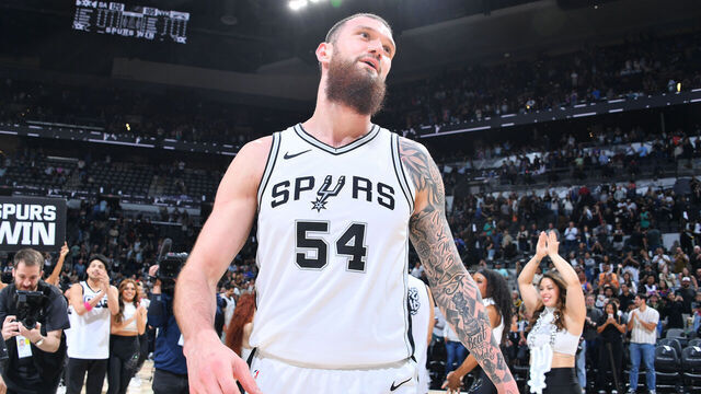 SAN ANTONIO, TX - MARCH 19: Sandro Mamukelashvili #54 of the San Antonio Spurs looks on after the game against the New York Knicks on March 19, 2025 at the Frost Bank Center in San Antonio, Texas. Mandatory Copyright Notice: Copyright 2025 NBAE (Photos by Michael Gonzales/NBAE via Getty Images)