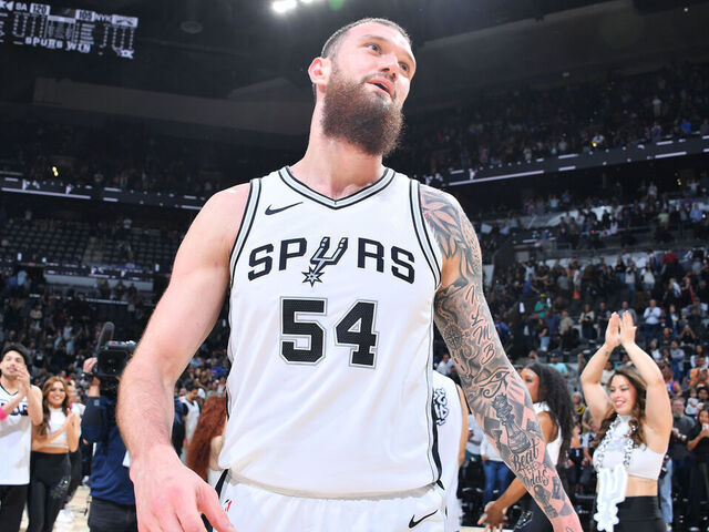 SAN ANTONIO, TX - MARCH 19: Sandro Mamukelashvili #54 of the San Antonio Spurs looks on after the game against the New York Knicks on March 19, 2025 at the Frost Bank Center in San Antonio, Texas. Mandatory Copyright Notice: Copyright 2025 NBAE (Photos by Michael Gonzales/NBAE via Getty Images)