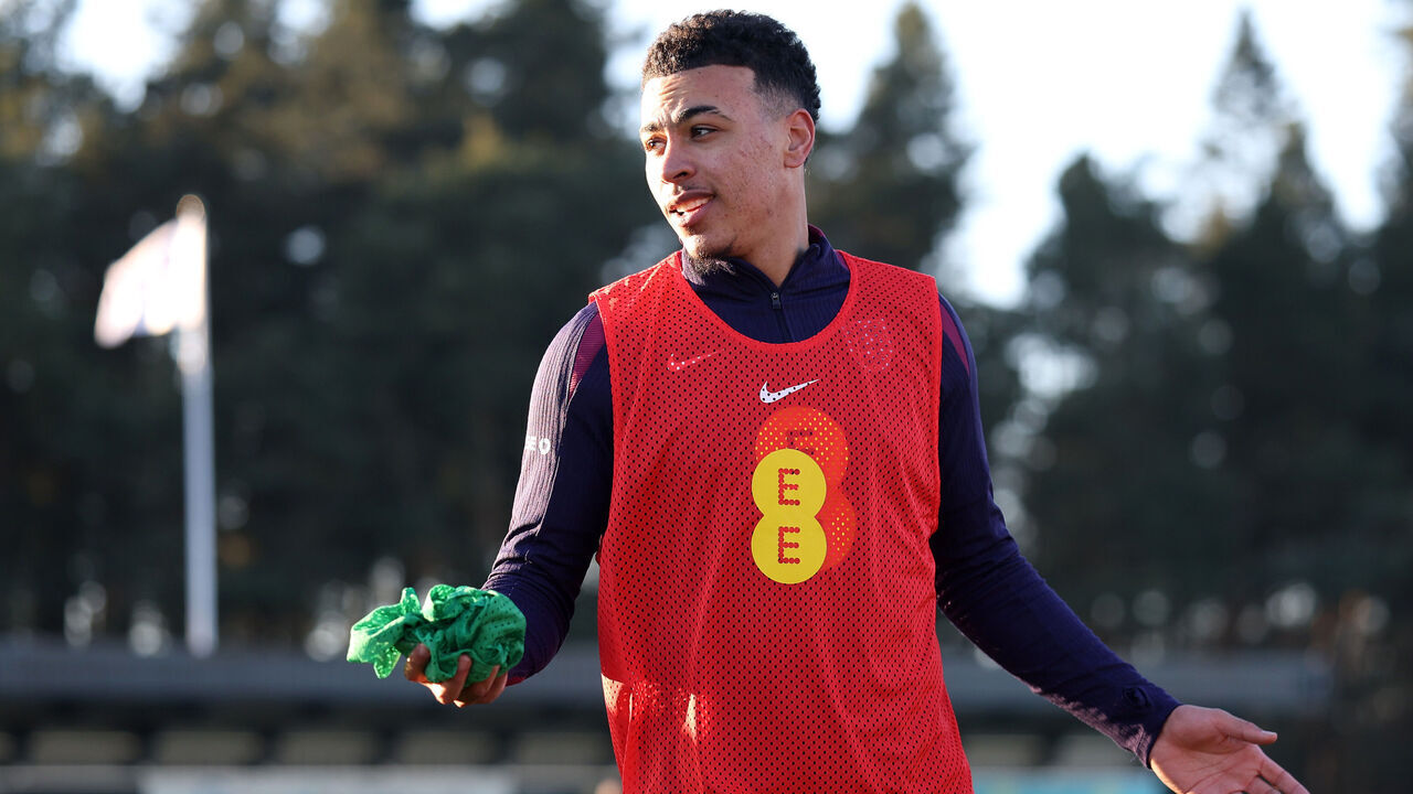 BURTON-UPON-TRENT, ENGLAND - MARCH 18: Morgan Rogers of England reacts during a training session at St Georges Park on March 18, 2025 in Burton-upon-Trent, England.