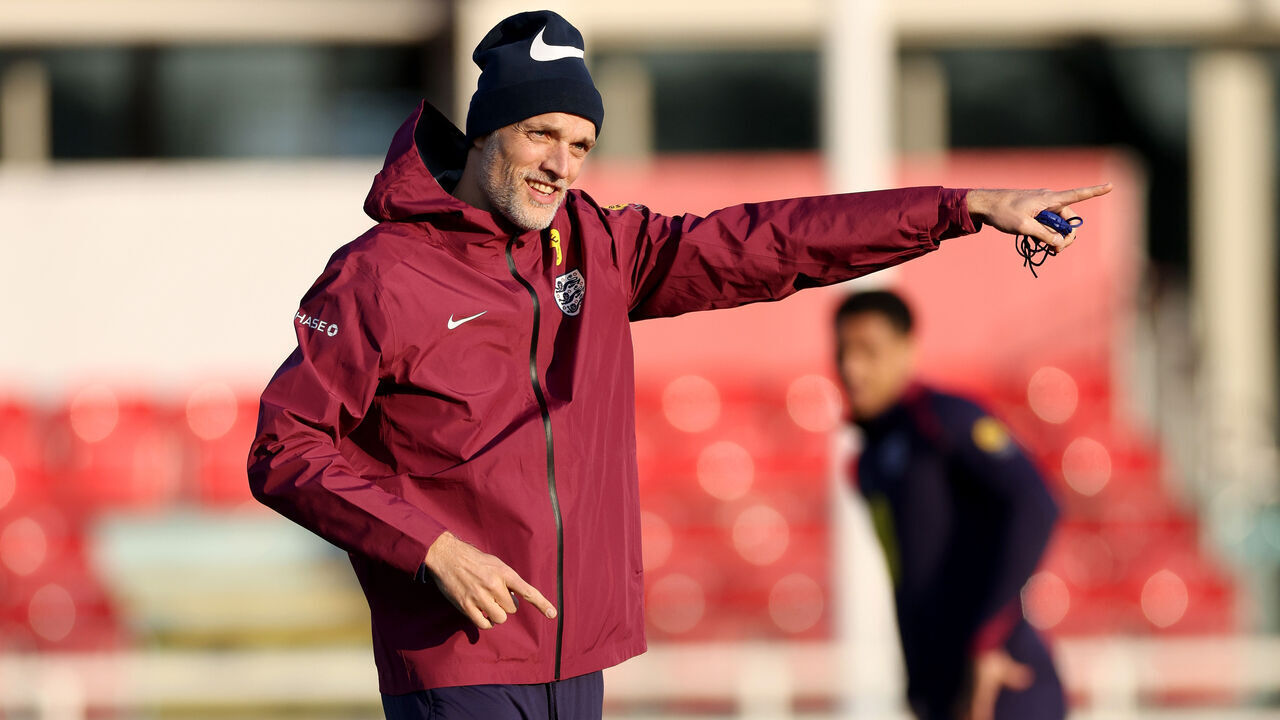 BURTON UPON TRENT, ENGLAND - MARCH 19: Thomas Tuchel, Head Coach of England, gives instructions during a training session at St George's Park on March 19, 2025 in Burton upon Trent, England.