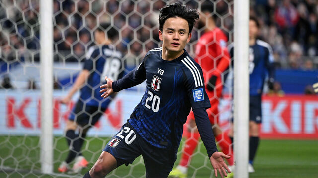 SAITAMA, JAPAN - MARCH 20: Takefusa Kubo of Japan celebrates after scoring the team's second goal during the FIFA World Cup Asian qualifier Group C match between Japan and Bahrain at Saitama Stadium on March 20, 2025 in Saitama, Japan.