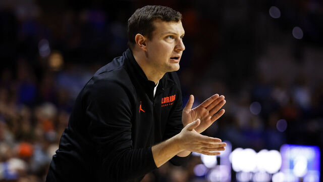 GAINESVILLE, FLORIDA - JANUARY 13: Assistant Coach John Andrzejek of the Florida Gators looks on during the second half of a game against the Arkansas Razorbacks at the Stephen C. O'Connell Center on January 13, 2024 in Gainesville, Florida.