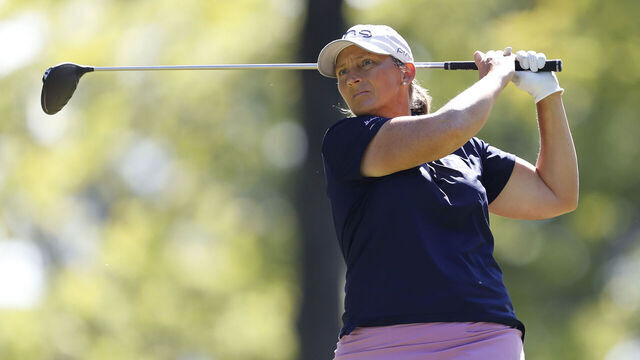 GRAND RAPIDS, MICHIGAN - JUNE 13: Angela Stanford of the United States plays her shot from the sixth tee during the first round of the Meijer LPGA Classic for Simply Give at Blythefield Country Club on June 13, 2024 in Grand Rapids, Michigan.