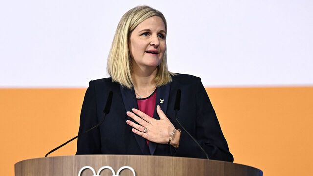 Zimbabwean candidate for the presidency of the International Olympic Committee (IOC) Kirsty Coventry reacts after being elected during the 144th IOC Session on the day of the election of the next President of the International Olympic Committee (IOC), in Costa Navarino, Greece on March 20, 2025. Zimbabwe's Kirsty Coventry was elected president of International Olympic Committee on March 20, 2025.