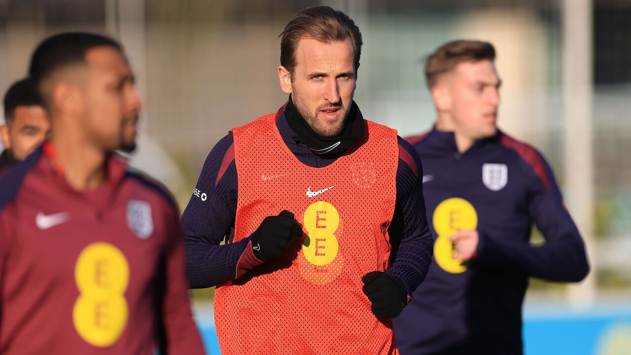 BURTON-UPON-TRENT, ENGLAND - MARCH 18: Harry Kane of England looks on during a training session at St Georges Park on March 18, 2025 in Burton-upon-Trent, England.