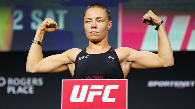 EDMONTON, ALBERTA - NOVEMBER 01: Rose Namajunas poses on the scale during the UFC Fight Night ceremonial weigh-in at Rogers Place on November 01, 2024 in Edmonton, Alberta.