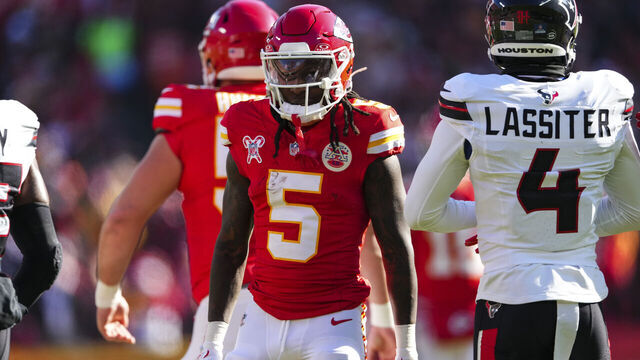 KANSAS CITY, MO - DECEMBER 21: Hollywood Brown #5 of the Kansas City Chiefs looks on from the field during an NFL football game against the Houston Texans at GEHA Field at Arrowhead Stadium on December 21, 2024 in Kansas City, Missouri.
