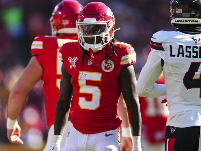 KANSAS CITY, MO - DECEMBER 21: Hollywood Brown #5 of the Kansas City Chiefs looks on from the field during an NFL football game against the Houston Texans at GEHA Field at Arrowhead Stadium on December 21, 2024 in Kansas City, Missouri.