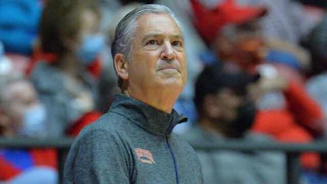 ALBUQUERQUE, NEW MEXICO - DECEMBER 09: Head coach Jeff Wulbrun of the Denver Pioneers looks on during his team's game against the New Mexico Lobos at The Pit on December 09, 2021 in Albuquerque, New Mexico.