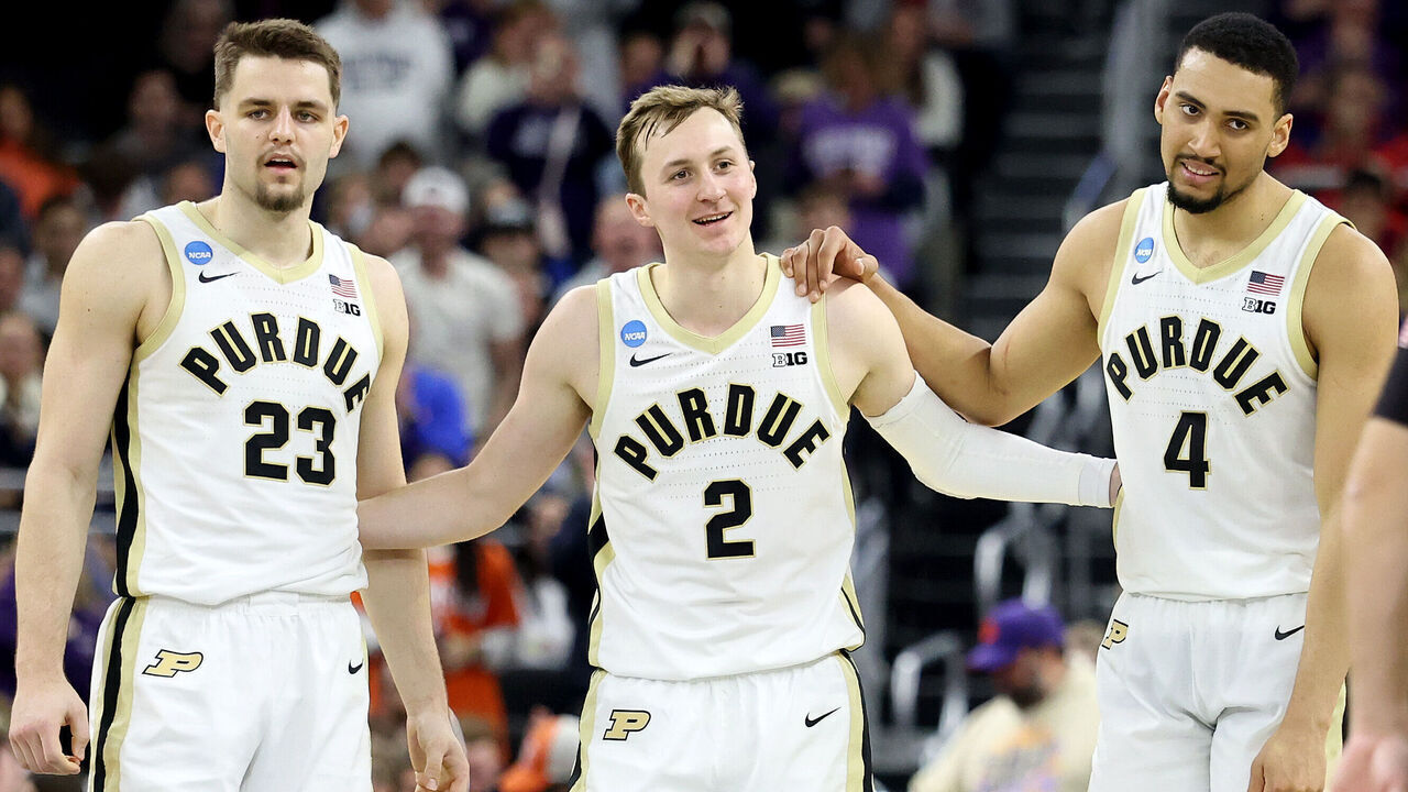 PROVIDENCE, RHODE ISLAND - MARCH 20: Camden Heide #23, Fletcher Loyer #2 and Trey Kaufman-Renn #4 of the Purdue Boilermakers look on against the High Point Panthers during the second half in the first round of the NCAA Men's Basketball Tournament at Amica Mutual Pavillion on March 20, 2025 in Providence, Rhode Island.