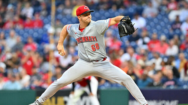 CLEVELAND, OHIO - SEPTEMBER 24: Starting pitcher Carson Spiers #68 of the Cincinnati Reds pitches during the first inning against the Cleveland Guardians at Progressive Field on September 24, 2024 in Cleveland, Ohio.