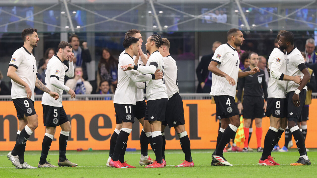 MILAN, ITALY - MARCH 20, 2025: Players of Germany celebrate after scoring their team's first goal during the UEFA Nations League Quarter-Final First Leg match between Italy and Germany at San Siro.